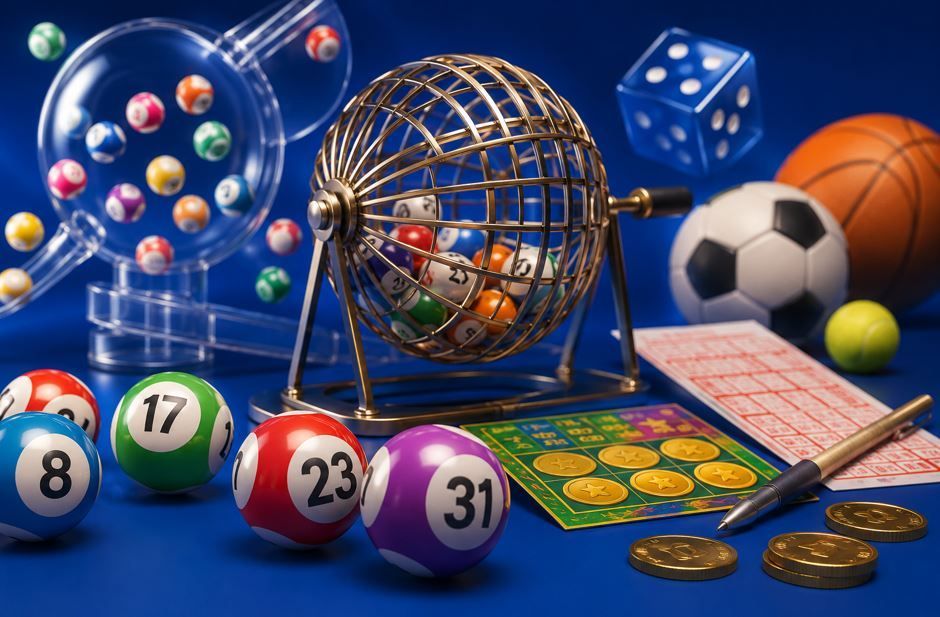 Bolas de lotería de colores, una jaula de bingo dorada, dados, pelotas deportivas y monedas sobre una mesa azul.