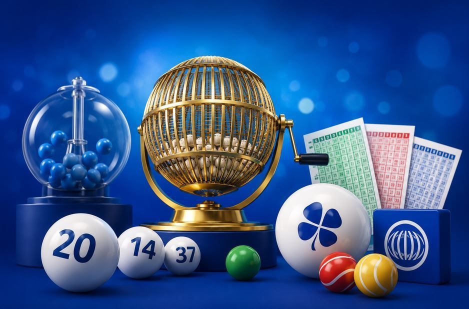 Bolas de lotería, una jaula dorada y boletos coloridos sobre un fondo azul.