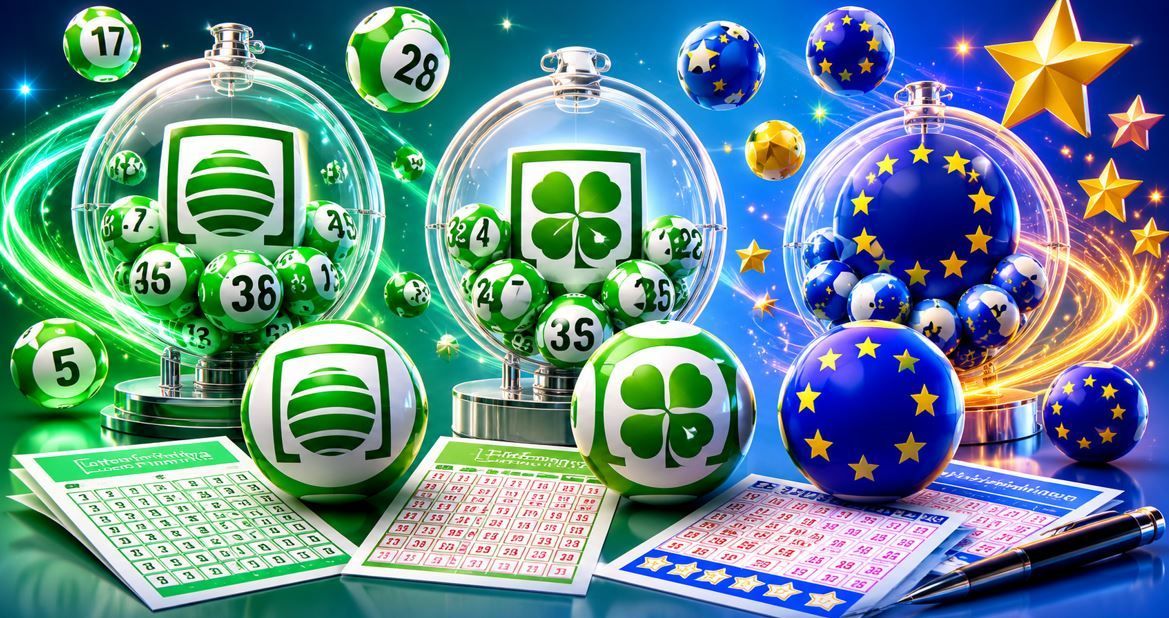 Bolas de lotería verdes, billetes de euro y estrellas 