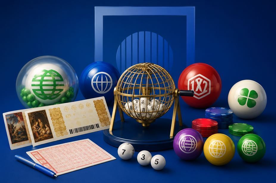 Bolas de lotería, boletos e iconos de globos terráqueos de colores dispuestos sobre un fondo azul.