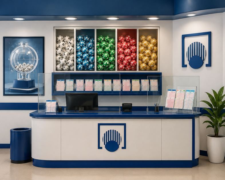 Mostrador de farmacia azul y blanco con estantes llenos de productos coloridos y una planta en maceta.