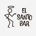 Una figura de palo con un halo en la cabeza está parada frente a un cartel que dice El Santo Bar.