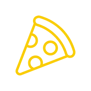 Un dibujo lineal amarillo de una rebanada de pizza sobre un fondo blanco.