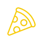 Un dibujo lineal amarillo de una rebanada de pizza sobre un fondo blanco.