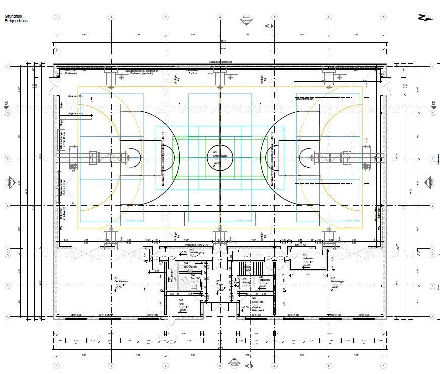 Ein Grundriss eines Basketballplatzes in einem Gebäude.