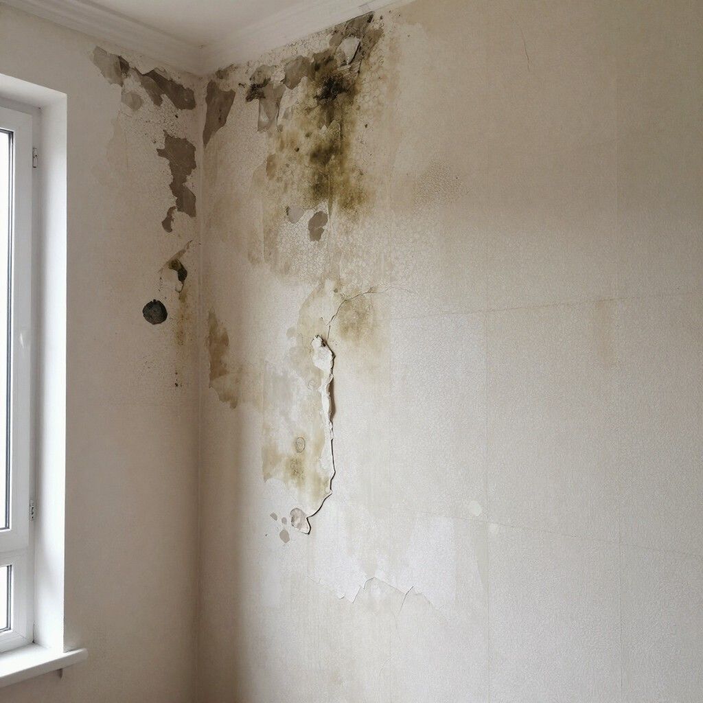 Pared dañada por el agua con pintura descascarada y manchas de moho junto a una ventana.