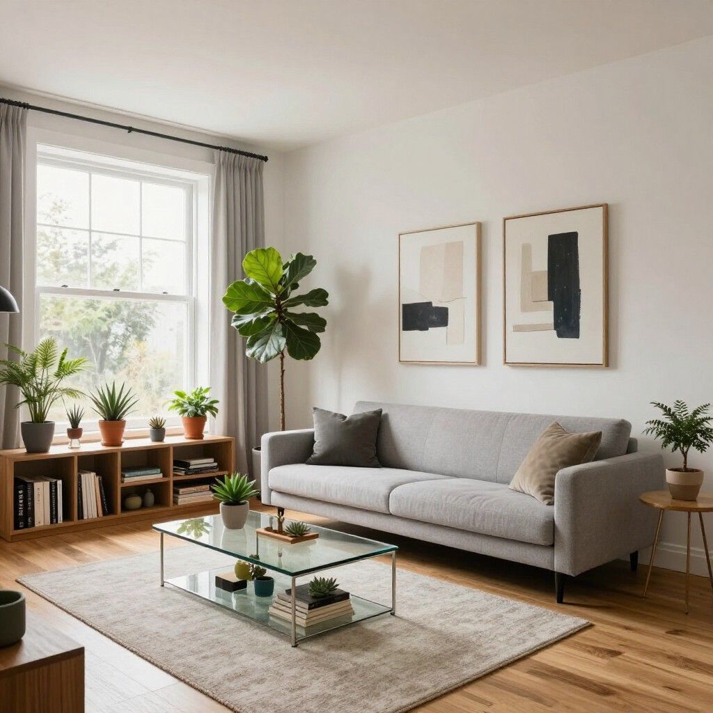 Sala de estar luminosa con un sofá gris, mesa de centro de cristal, plantas en macetas y una gran ventana.