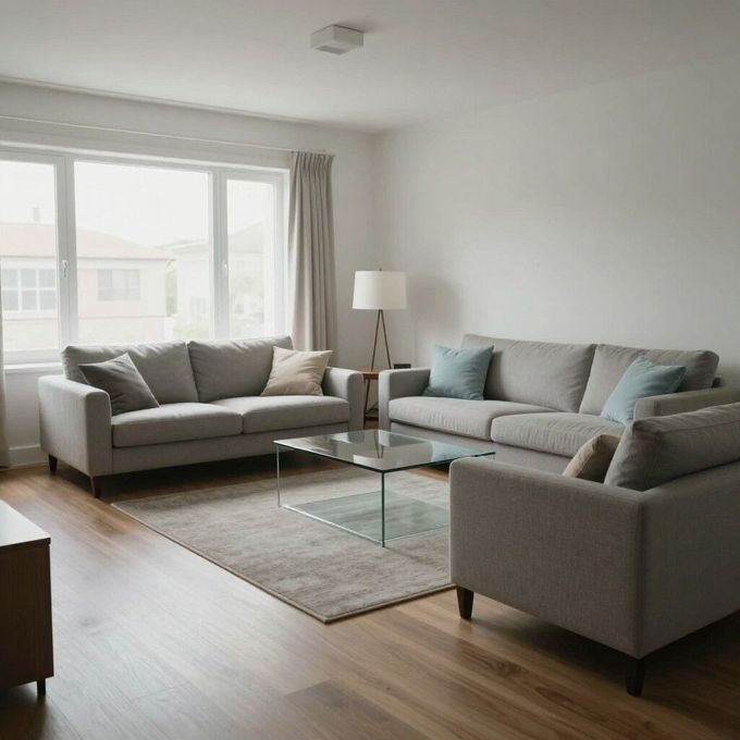 Salón moderno con dos sofás grises, mesa de centro de cristal, lámpara de pie y gran ventanal con cortinas.