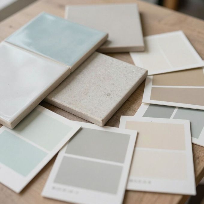 Surtido de muestras de azulejos de cerámica en blanco, beige, gris y azul claro sobre una mesa.