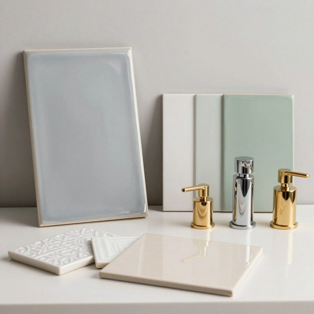Mueble de baño con azulejos pastel brillantes, grifería dorada y cromada, y muestras de azulejos sobre una encimera blanca.