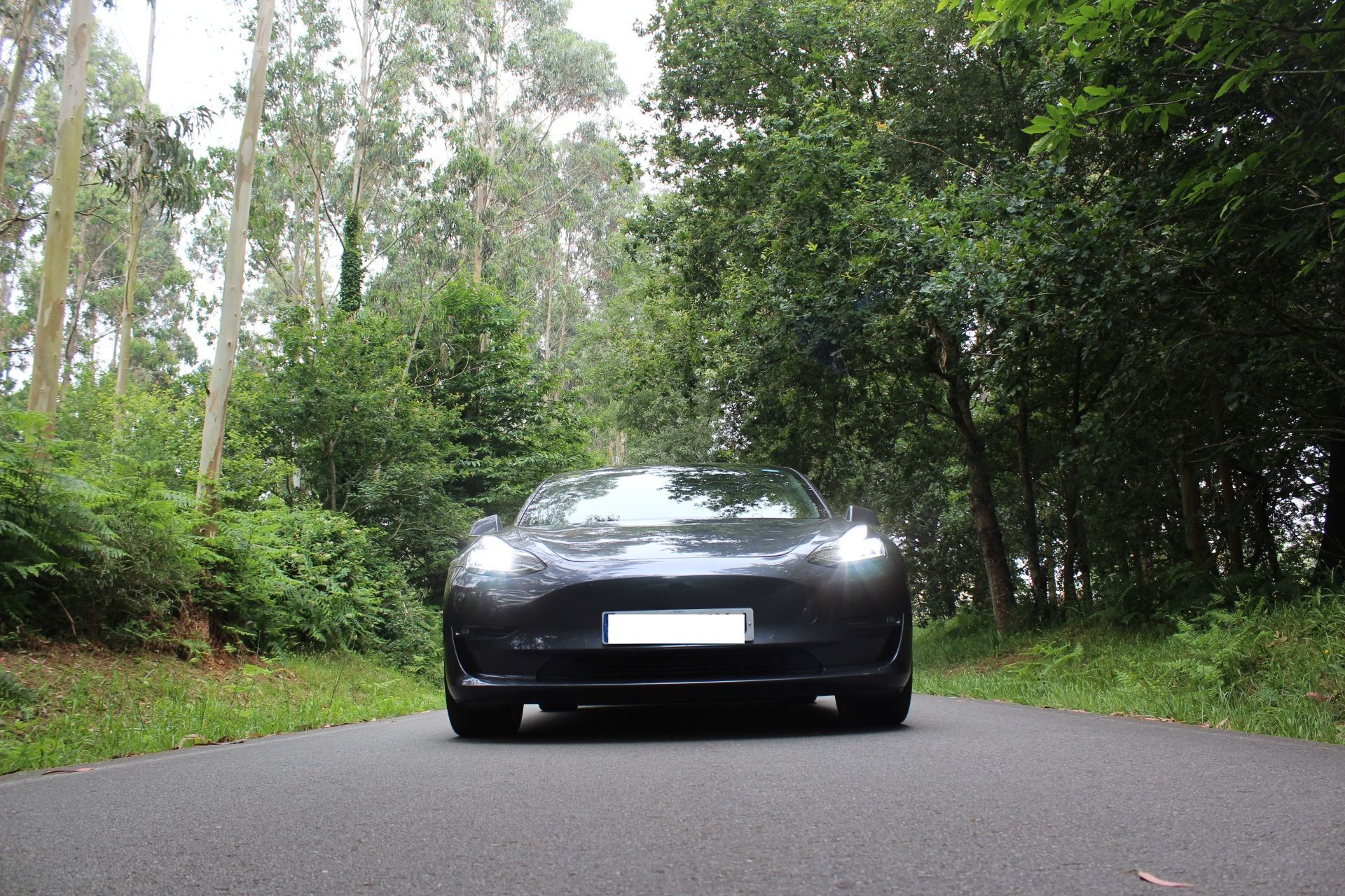 Un coche negro está aparcado en un garaje.
