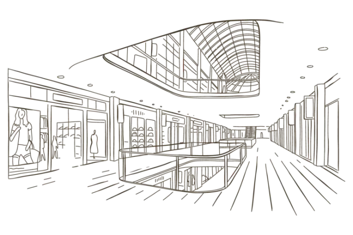 Dibujo esquemático de un moderno centro comercial cubierto con tragaluz, balcones, escaparates y escaleras mecánicas.