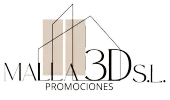 Logotipo de MALLA3D SL PROMOCIONES con líneas geométricas de edificios en negro y beige.