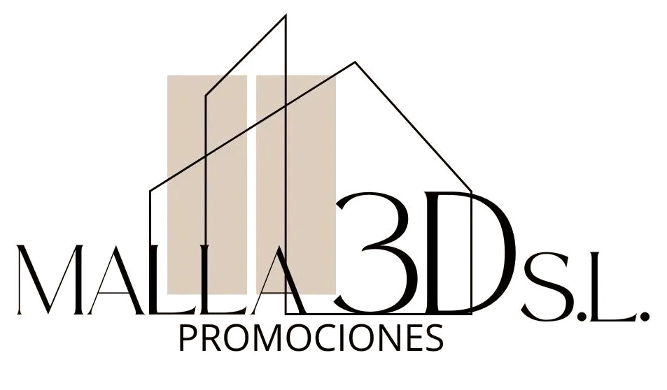 Logotipo de MALLA3D SL PROMOCIONES con l&iacute;neas geom&eacute;tricas de edificios en negro y beige.