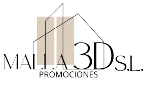 Logotipo de MALLA3D SL PROMOCIONES con líneas geométricas de edificios en negro y beige.