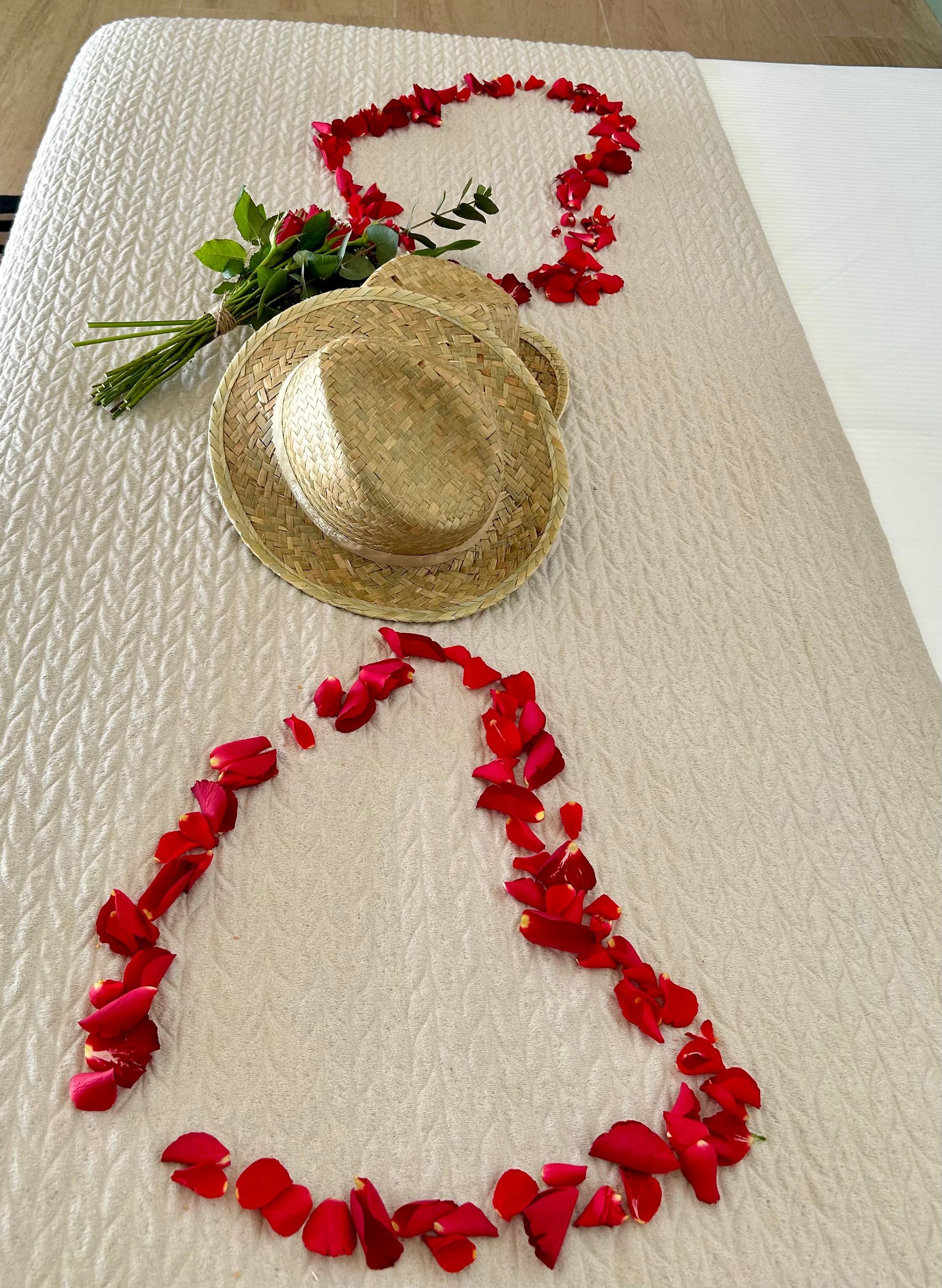 Pétales de roses rouges sur un lit en forme de cœur