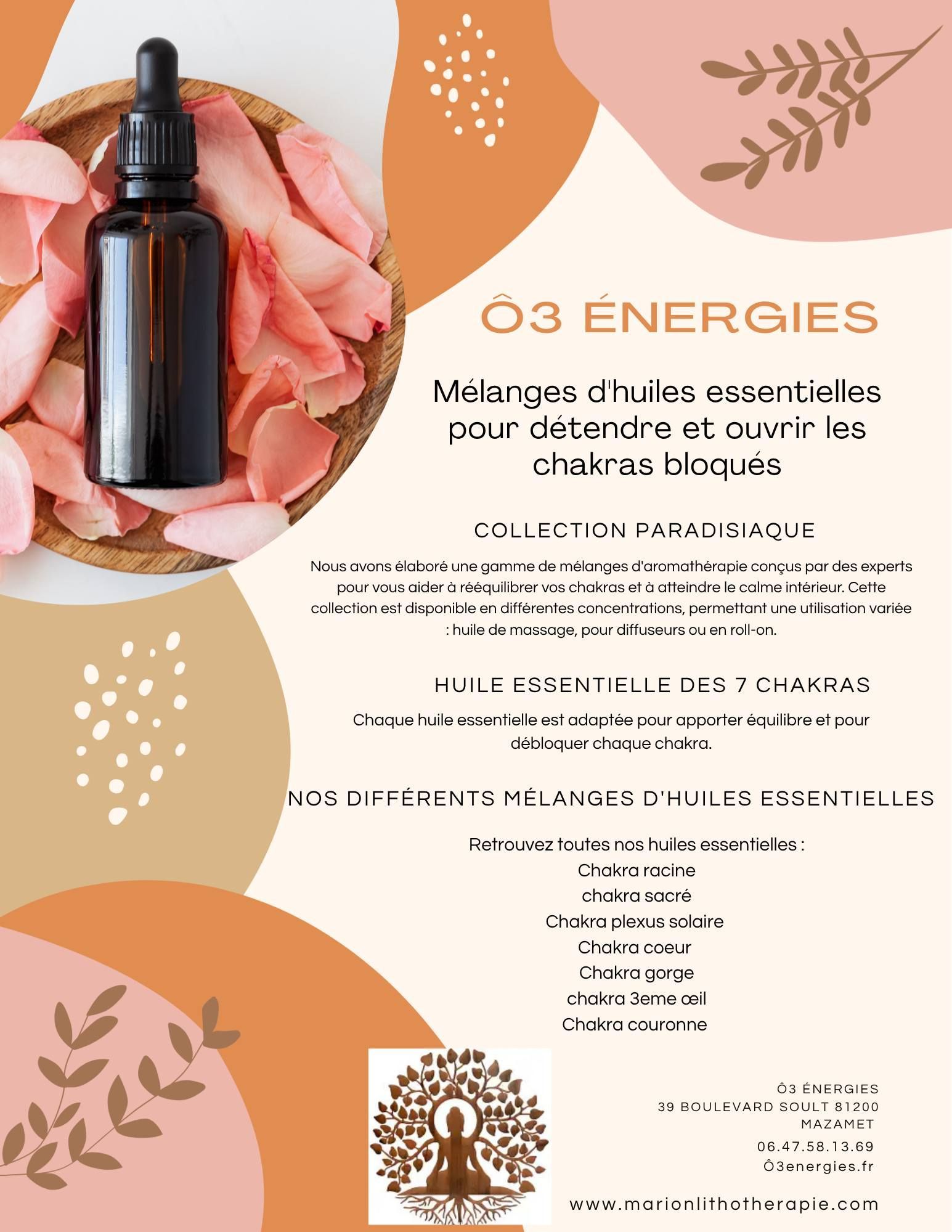 Affiche beige et orange sur les énergies, avec flacon de mélange d’huiles essentielles et fleurs de roses.