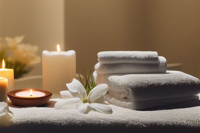 Table de spa avec bougies allumées, fleurs blanches et serviettes grises empilées.