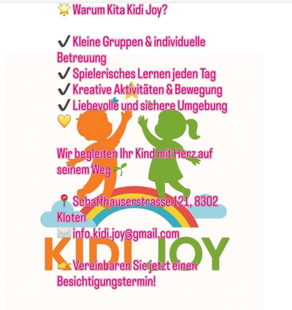 Werbeflyer für die Kindertagesstätte Kidi Joy mit Angaben zu Ausstattung, Adresse und E-Mail-Adresse sowie einer Illustration von Kindern.