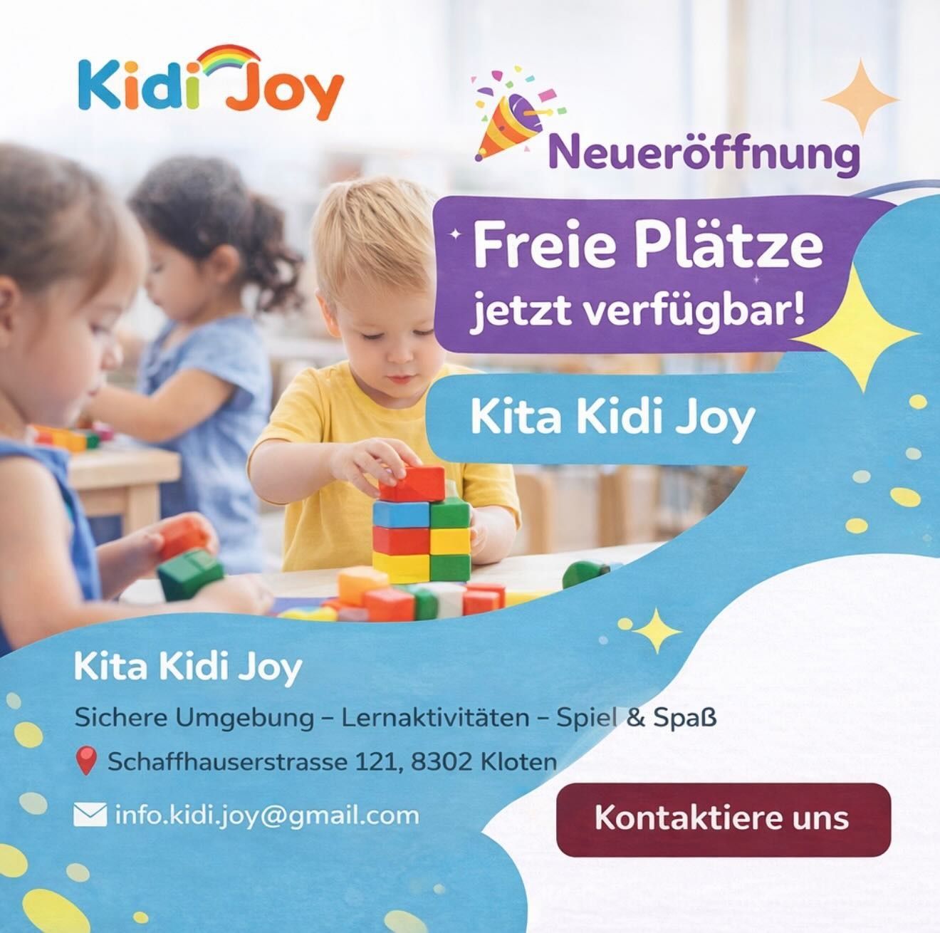 Anzeige für die Eröffnung der Kindertagesstätte Kidi Joy in Kloten, mit spielenden Kindern und Kontaktdaten.