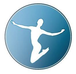Silhouette blanche d'une personne sautant dans les airs avec les bras tendus à l'intérieur d'un cercle bleu.