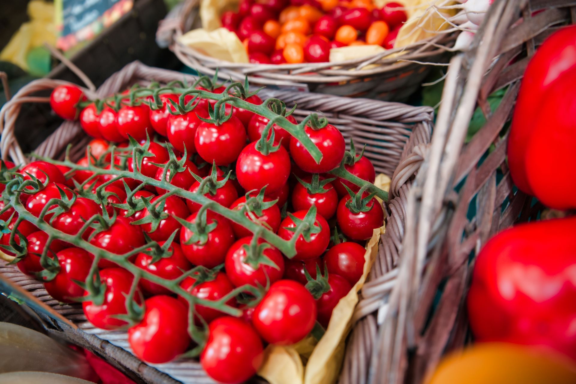 Tomates en grappe dans un panier