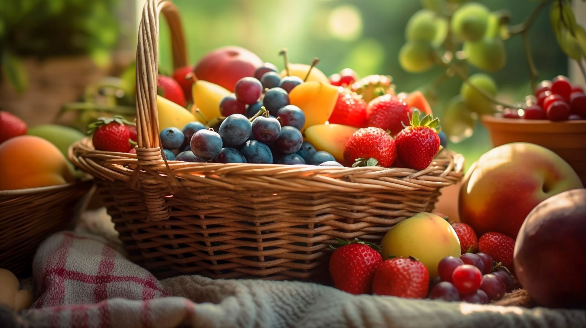 Panier de fruits sur une nappe à carreaux