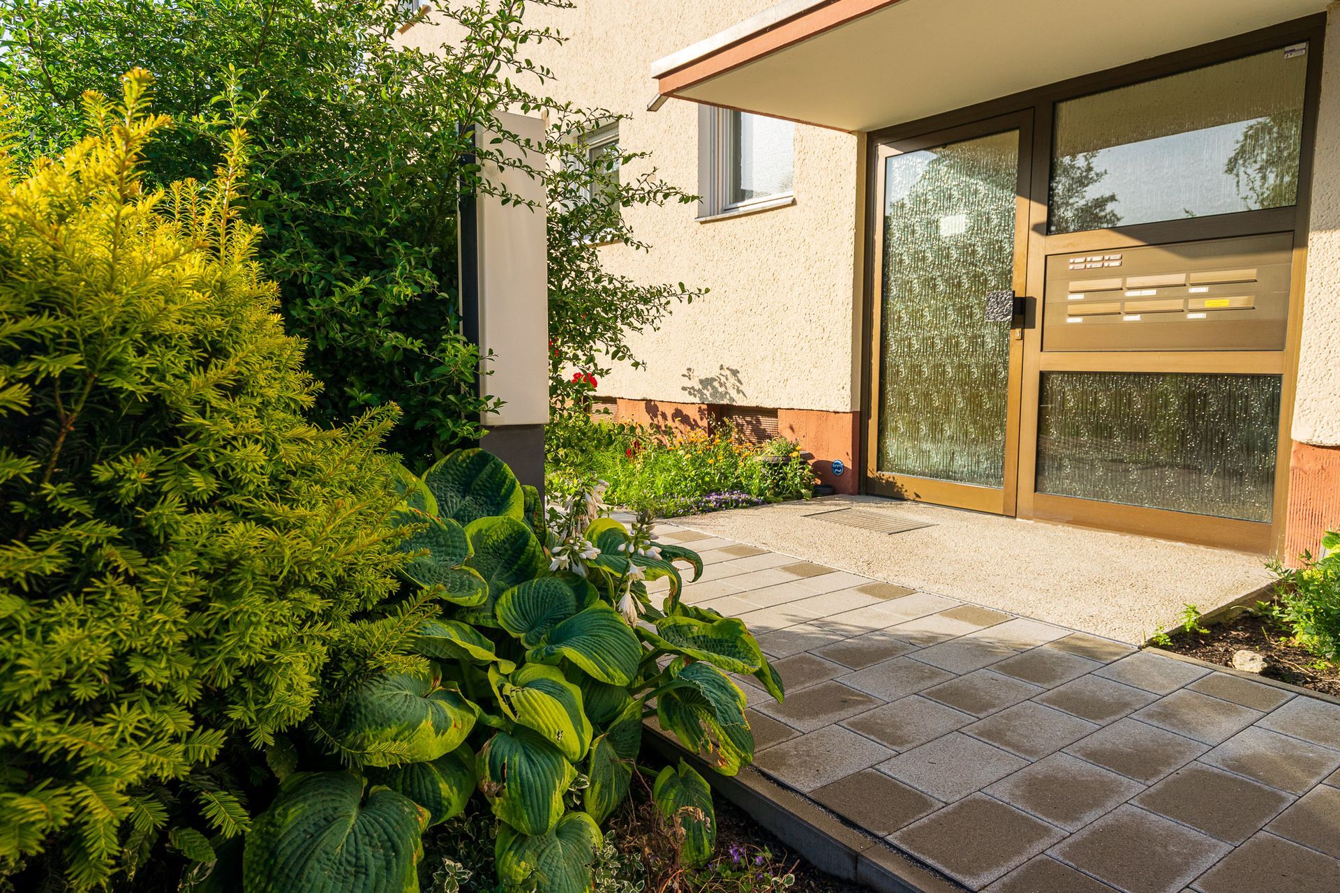 Moderner Eingangsbereich mit gepflastertem Weg und dekorativer Bepflanzung – harmonisch gestaltete Außenanlage eines Wohnhauses, mit grünen Pflanzen und stilvoller Wegführung zur Eingangstür
