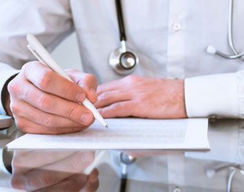 Un médico está escribiendo en un trozo de papel con un bolígrafo.