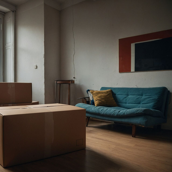Déménagement de cartons dans un salon peu meublé, avec un canapé.