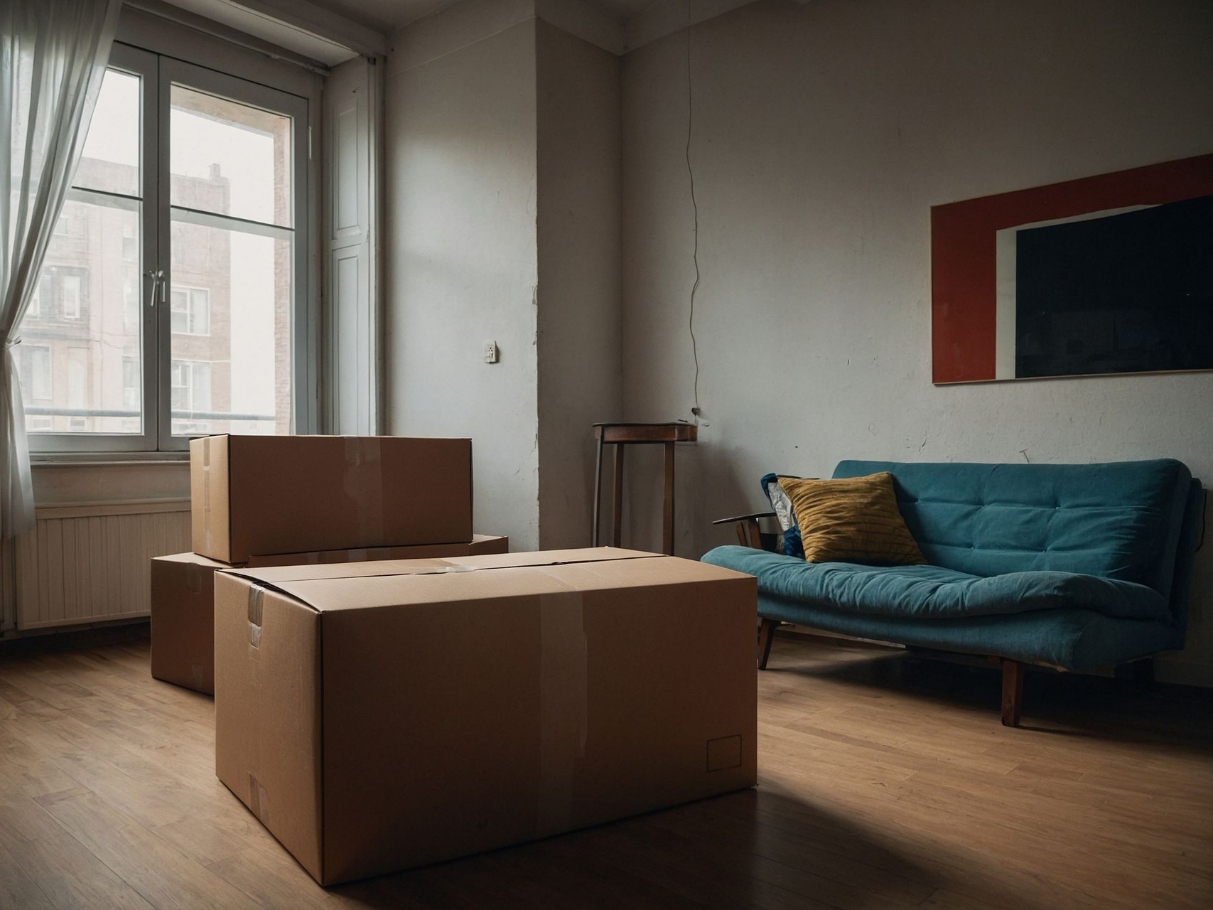 Des cartons dans une pièce vide.