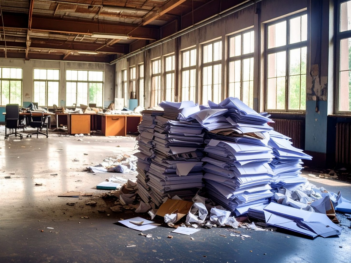 Intérieur de bureau abandonné avec une grande pile de papiers