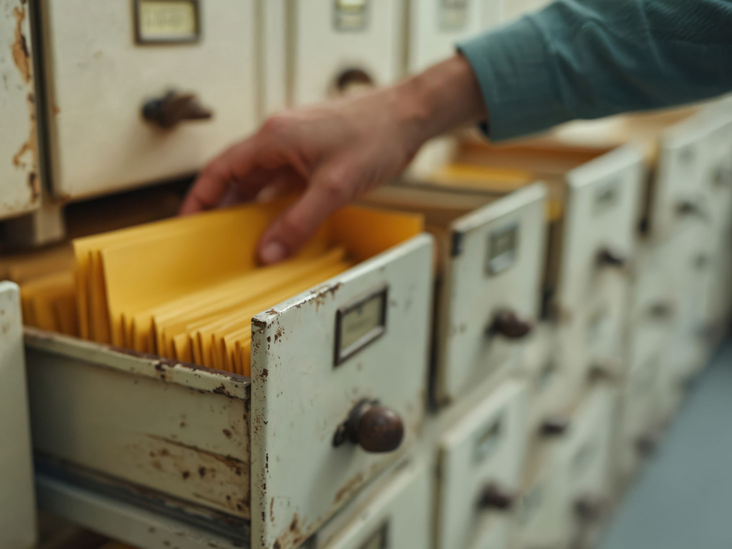 Tiroir ouvert d'un classeur à fiches rempli d'enveloppes jaunes.
