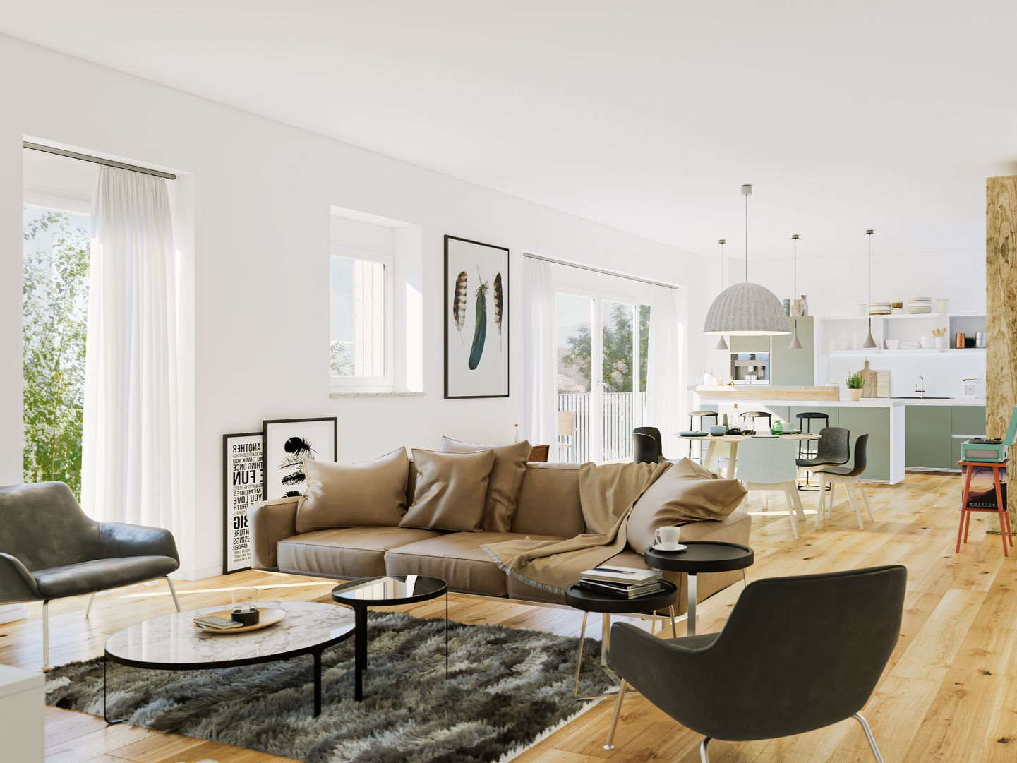 Salon avec un canapé marron.