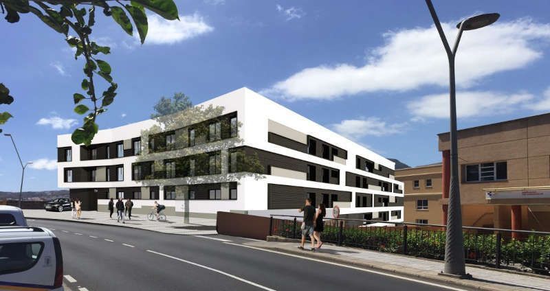 Impresión artística de un edificio con muchas ventanas.