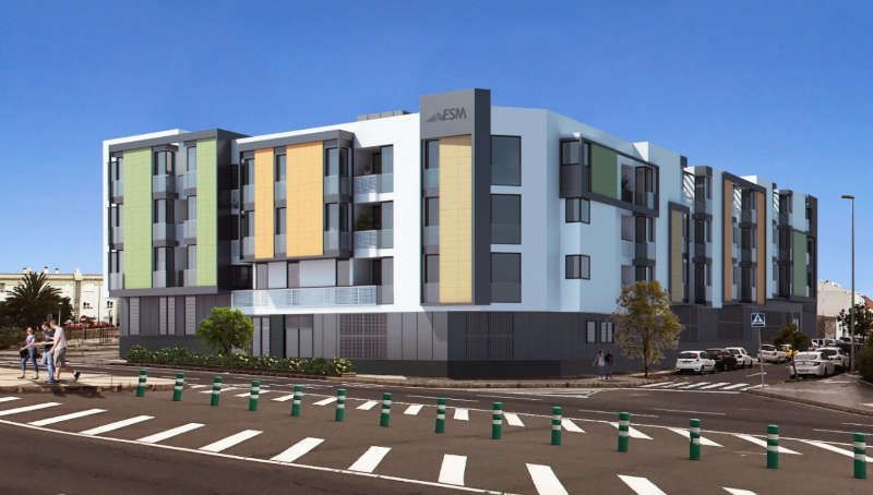 Impresión artística de un edificio con muchas ventanas.