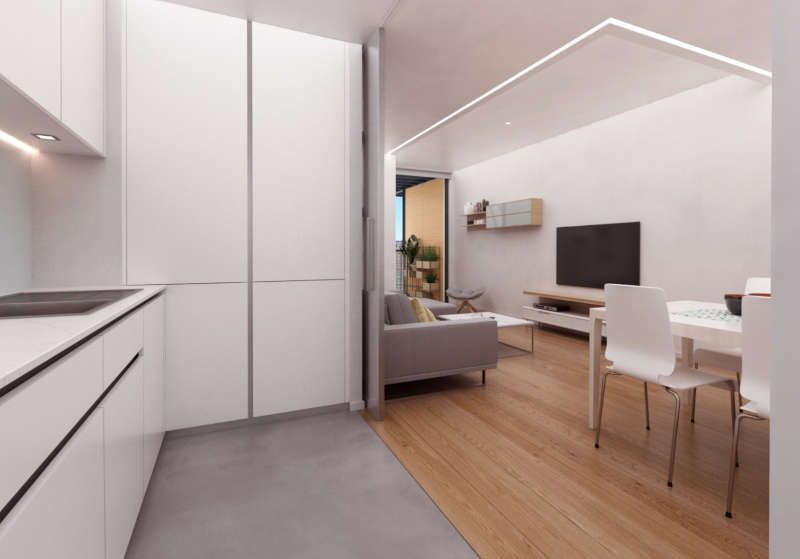 Impresión artística de una sala de estar con sofá, mesa y sillas.