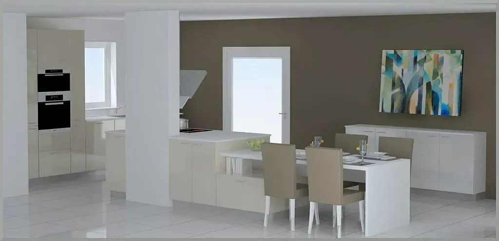 Vue 3D d'une cuisine beige avec une table collée à un îlot central