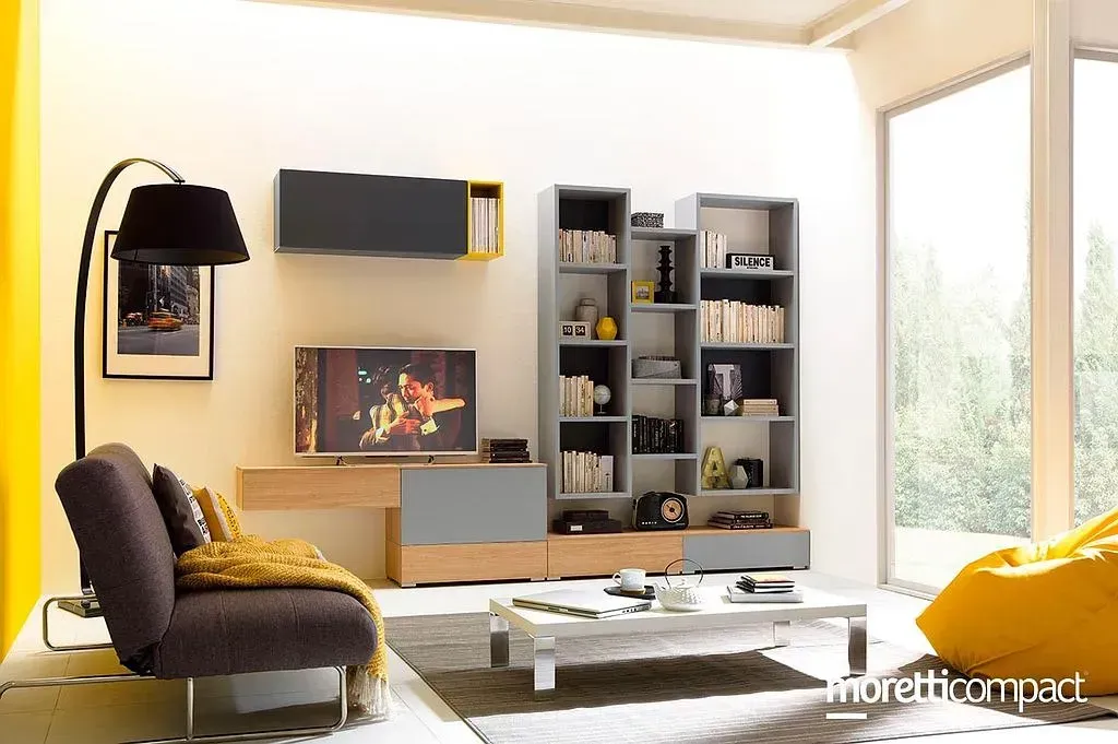 Salon design gris et jaune