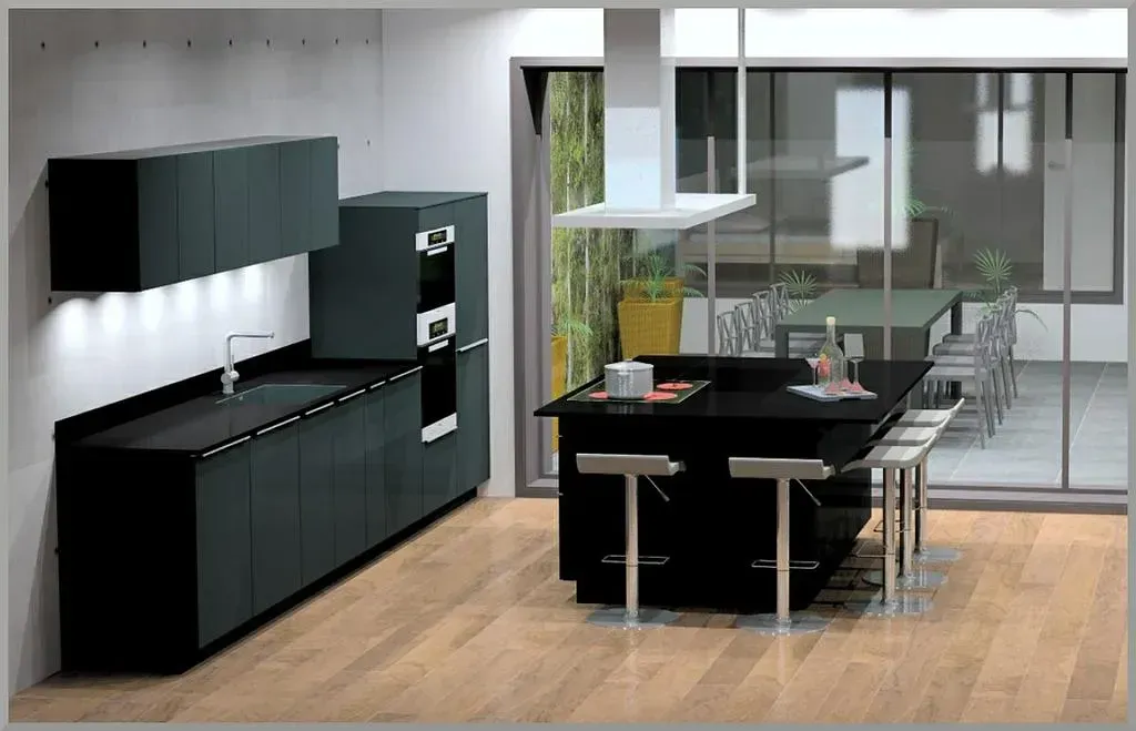 Vue 3D d'une cuisine noire avec table haute de la gamme Häcker