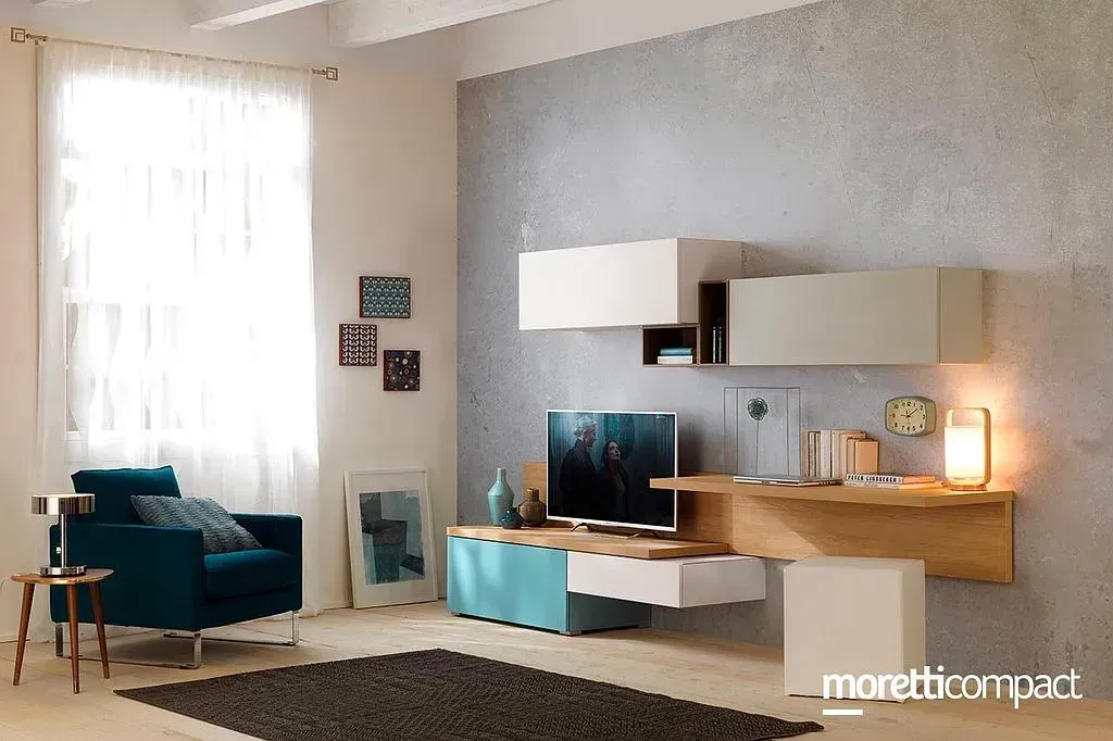 Meuble TV et étagères bleus/blancs/bois de la marque Moretti Compact modèle lv107