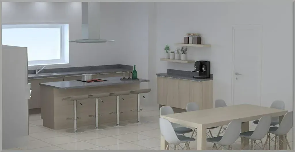 Vue 3D d'une cuisine aménagée avec une table à manger pour 8 personnes