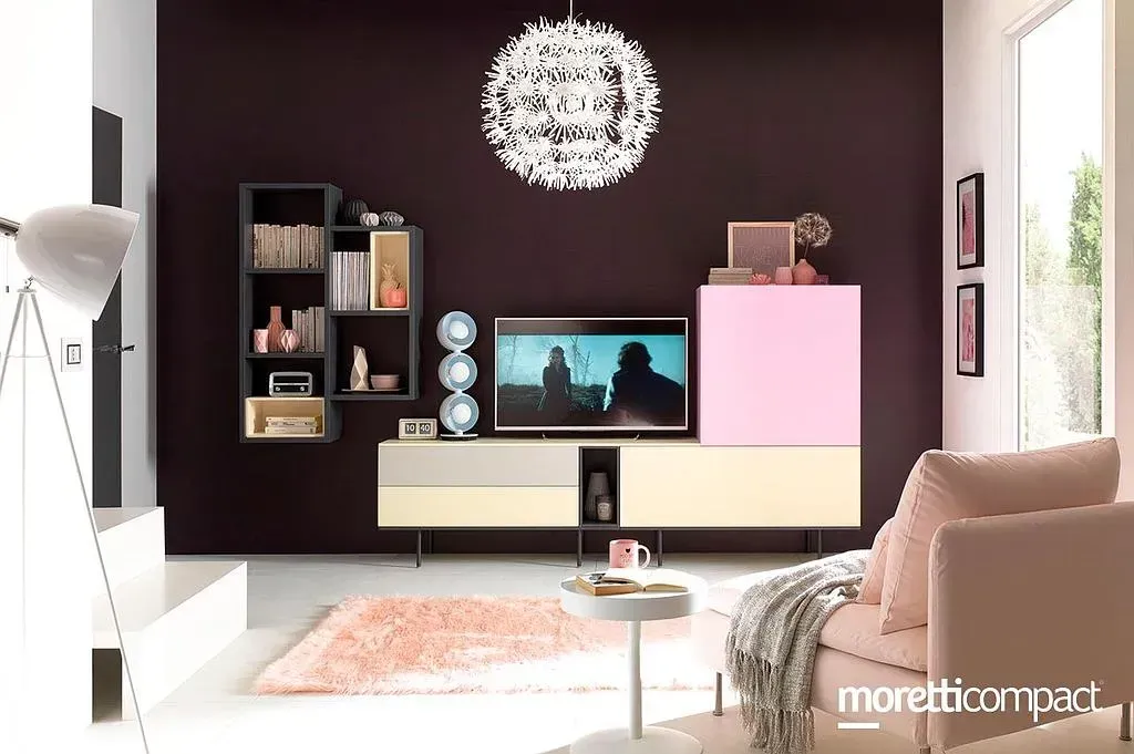 Meuble TV blanc et rose avec bibliothèque de la marque Moretti Compact modèle lv110