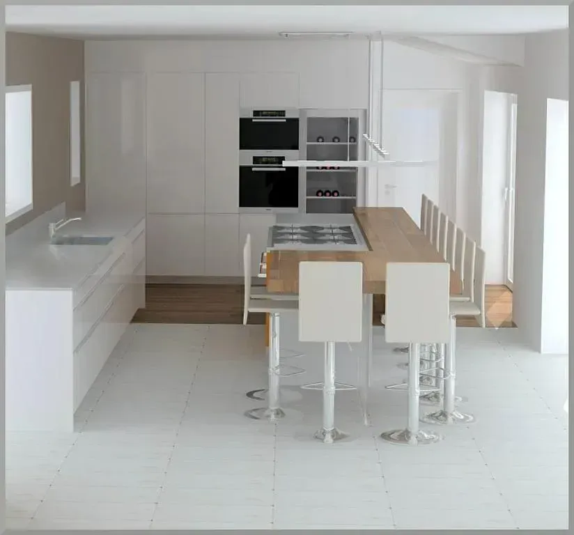 Vue 3D d'une cuisine Poggenpohl avec table haute