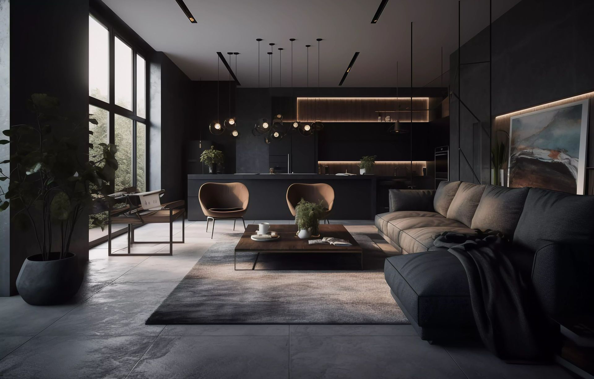 Un salon de couleur sombre