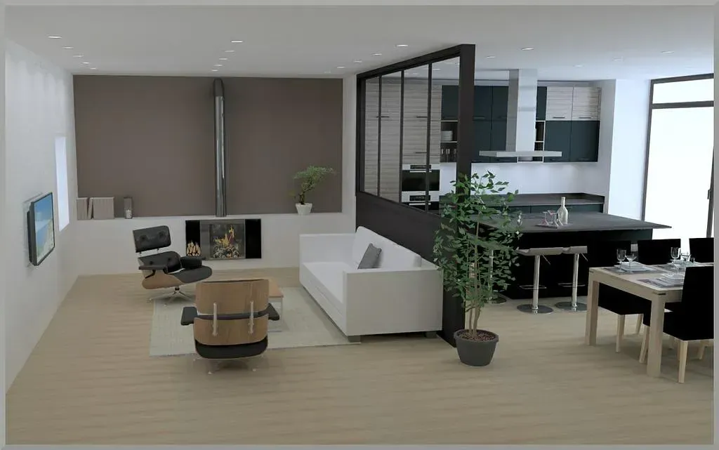 Vue 3D d'une cuisine et d'un salon