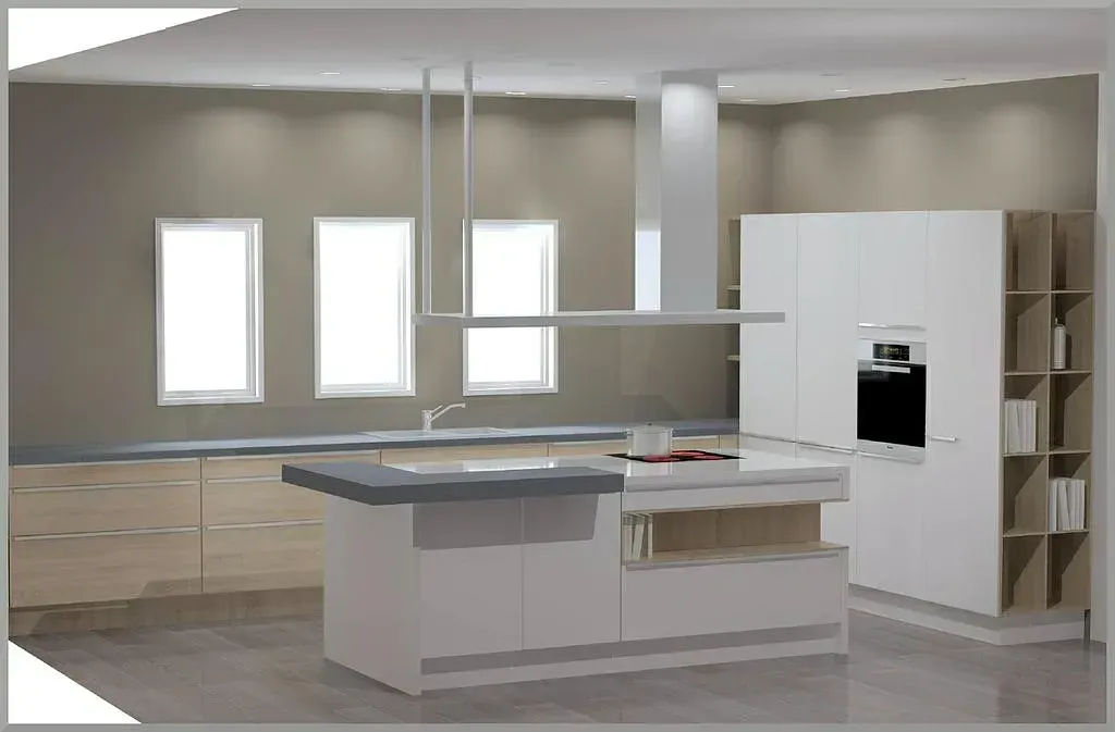 Vue 3D d'une cuisine de la gamme Goldreif avec îlot central