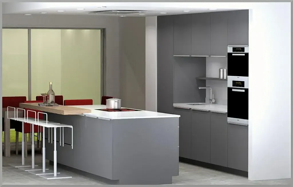 Cuisine Poggenpohl grise avec mange debout en bois