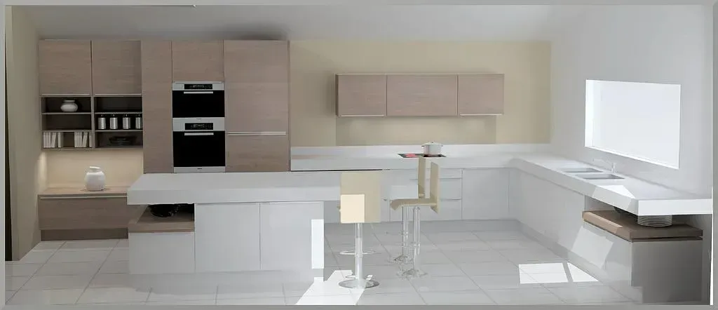 Vue 3D d'une cuisine design blanche