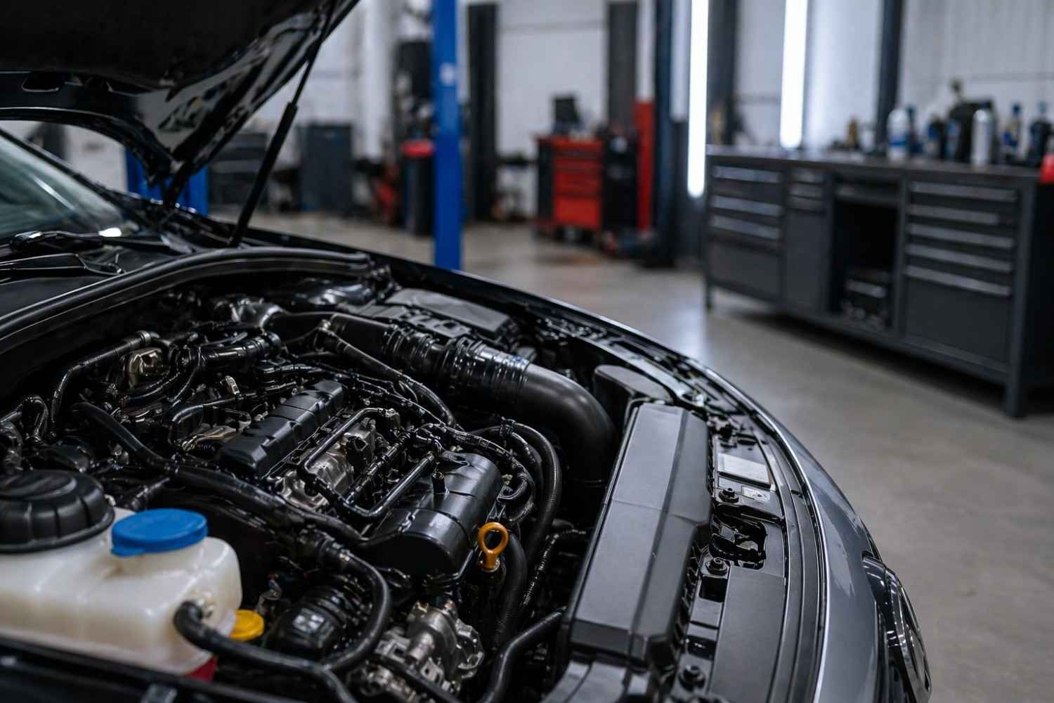 Capó abierto que deja ver un compartimento del motor limpio en el taller mecánico.